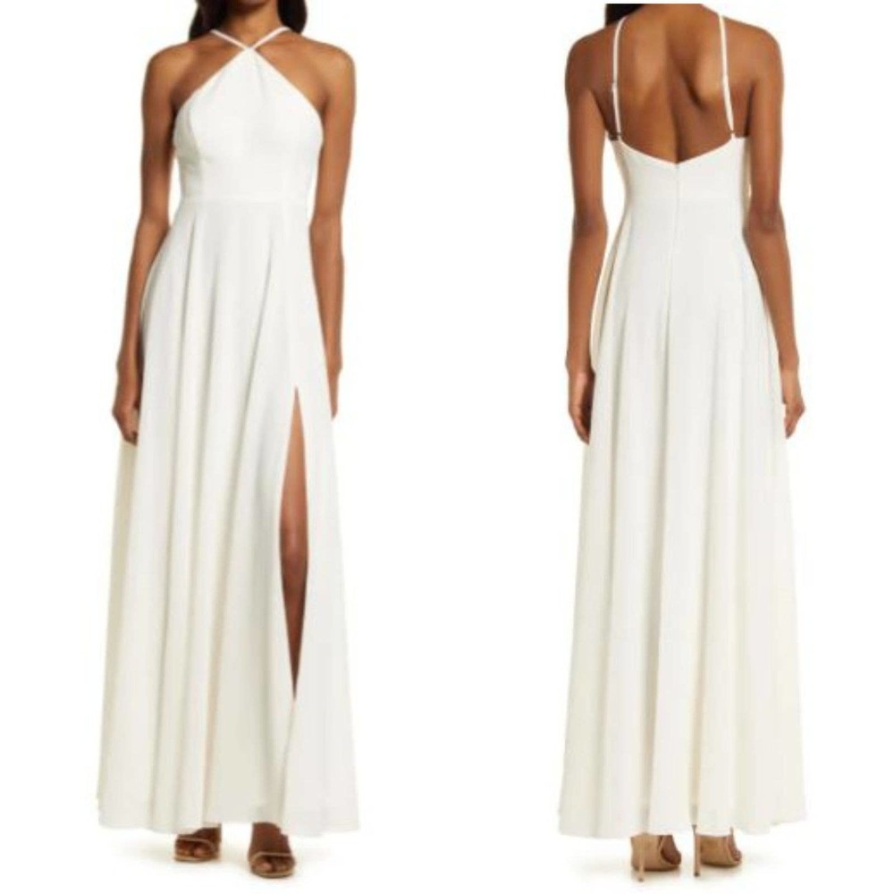 Lulu's White Halter Slit Maxi Dress